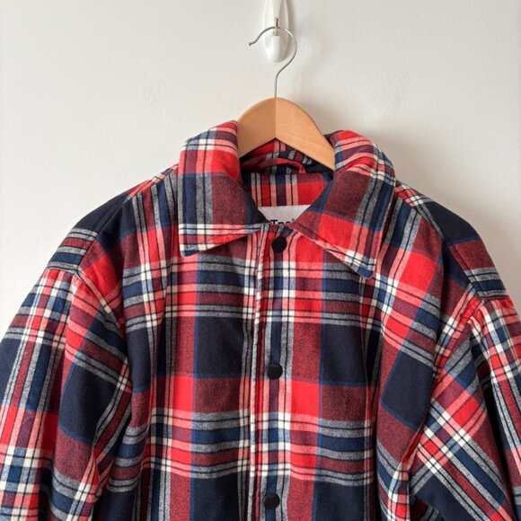 Aritzia Tna Coaches Jacket Oversized Down Filled Flannel Puffer Jacket Red Plaid - Picture 7 of 10